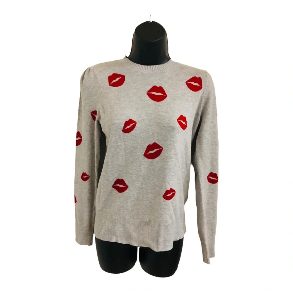 Grey red lipstick femme lips crewneck long sleeve knit sweater size XS brand new